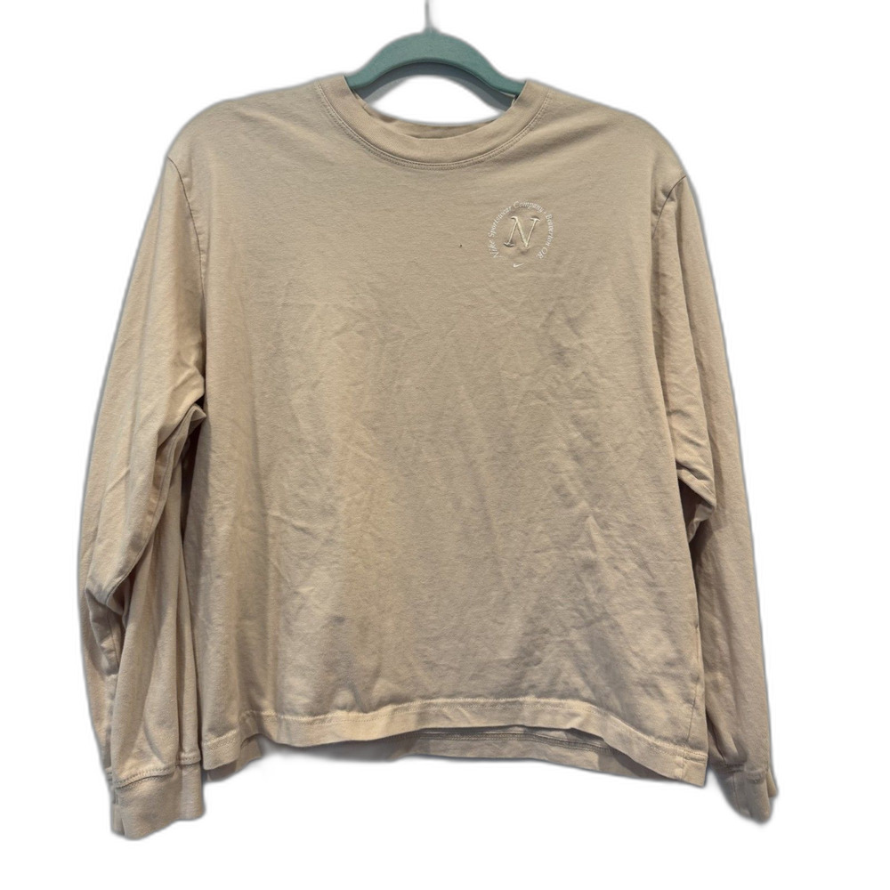 Nike Tee Sportswear Logo Graphic Long Sleeve T-Shirt Beige Loose Fit Women Large